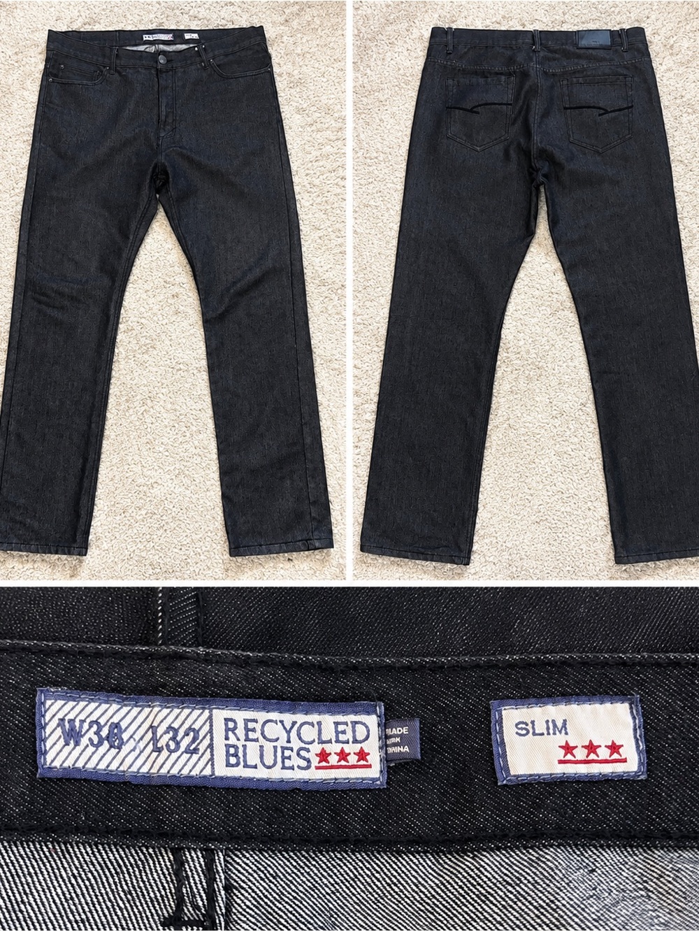 Recycled Blues Mens Jeans 38x32 Slim Fit Dark Blue Wash Denim Pants